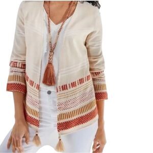 Soft Surroundings Cream Open Front Tassels Cardigan Orange Yellow Stripes size L